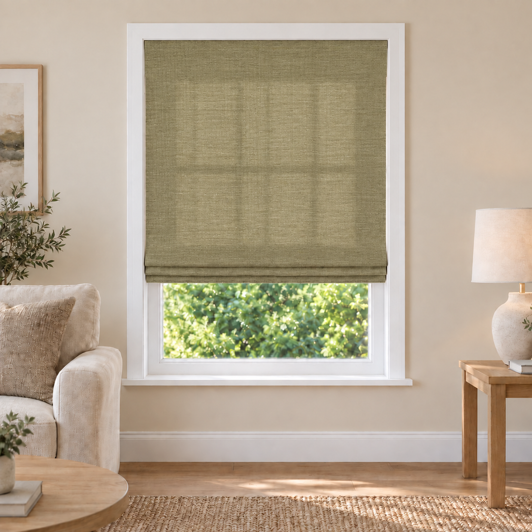 Fredesigner NU06 woven shade in a furnished American living room