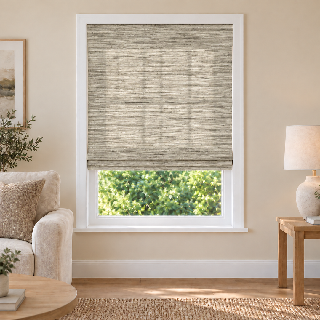 Fredesigner NU07 woven shade in a furnished American living room