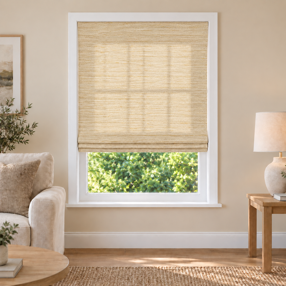 Fredesigner NU08 woven shade in a furnished American living room