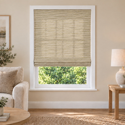 Fredesigner NU09 woven shade in a furnished American living room