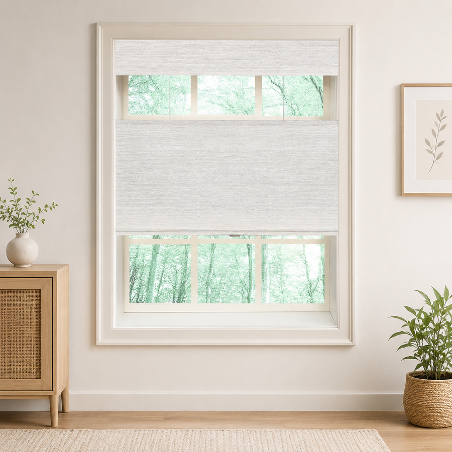 Custom Ramie Beige White Top Down Bottom Up Bamboo Shades - Beige White 390-02