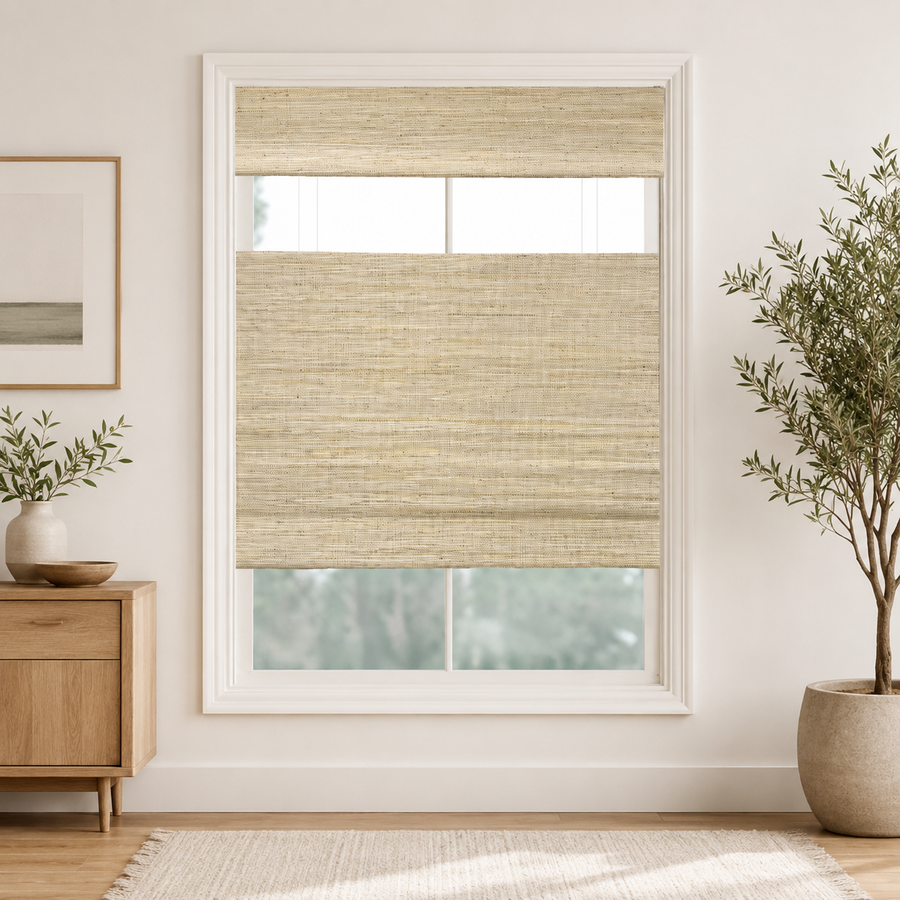 Custom Ramie Ivory Top Down Bottom Up Bamboo Shades - Ivory JU-01