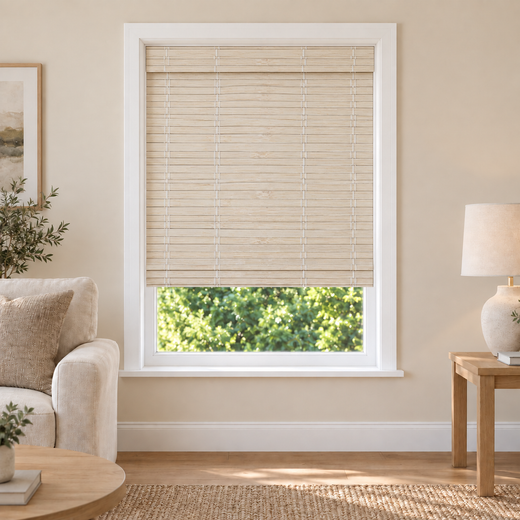 Orelle Edit DP6001 woven shade in a furnished American living room
