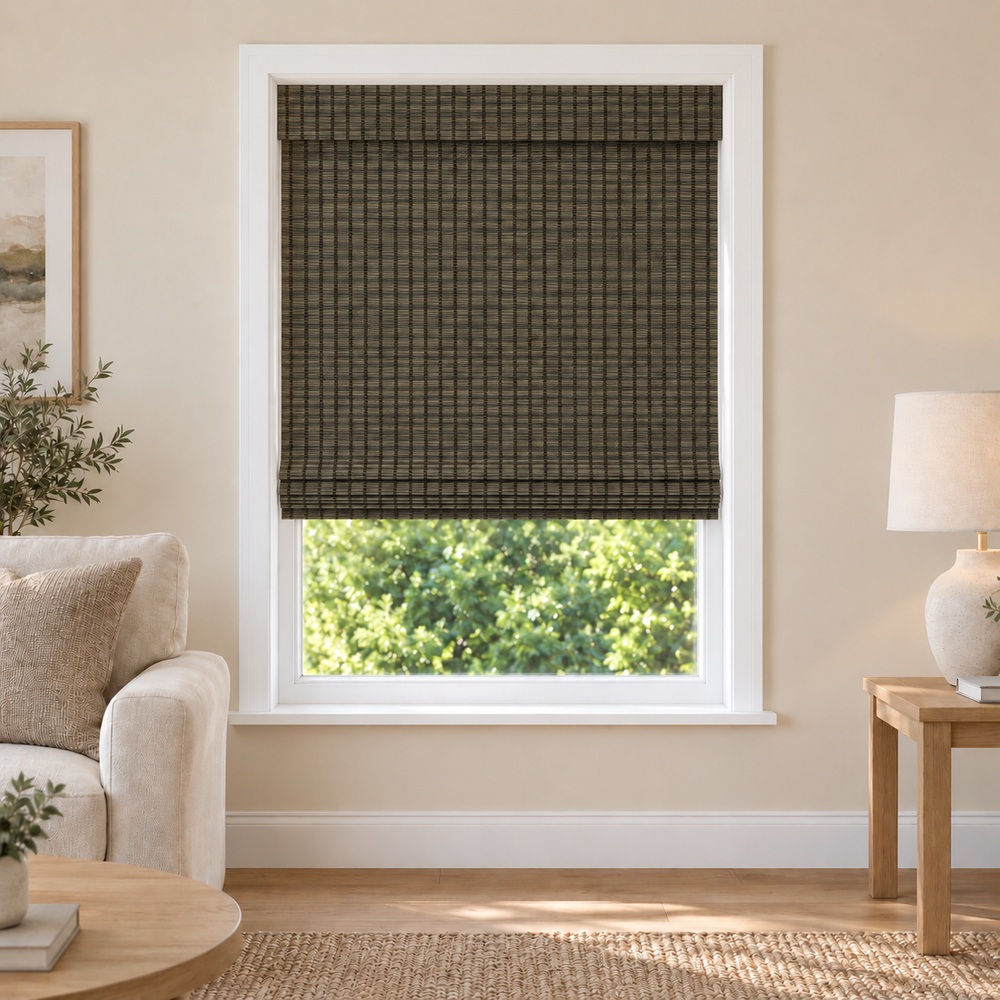 Orelle Edit DXS09 woven shade in a furnished American living room