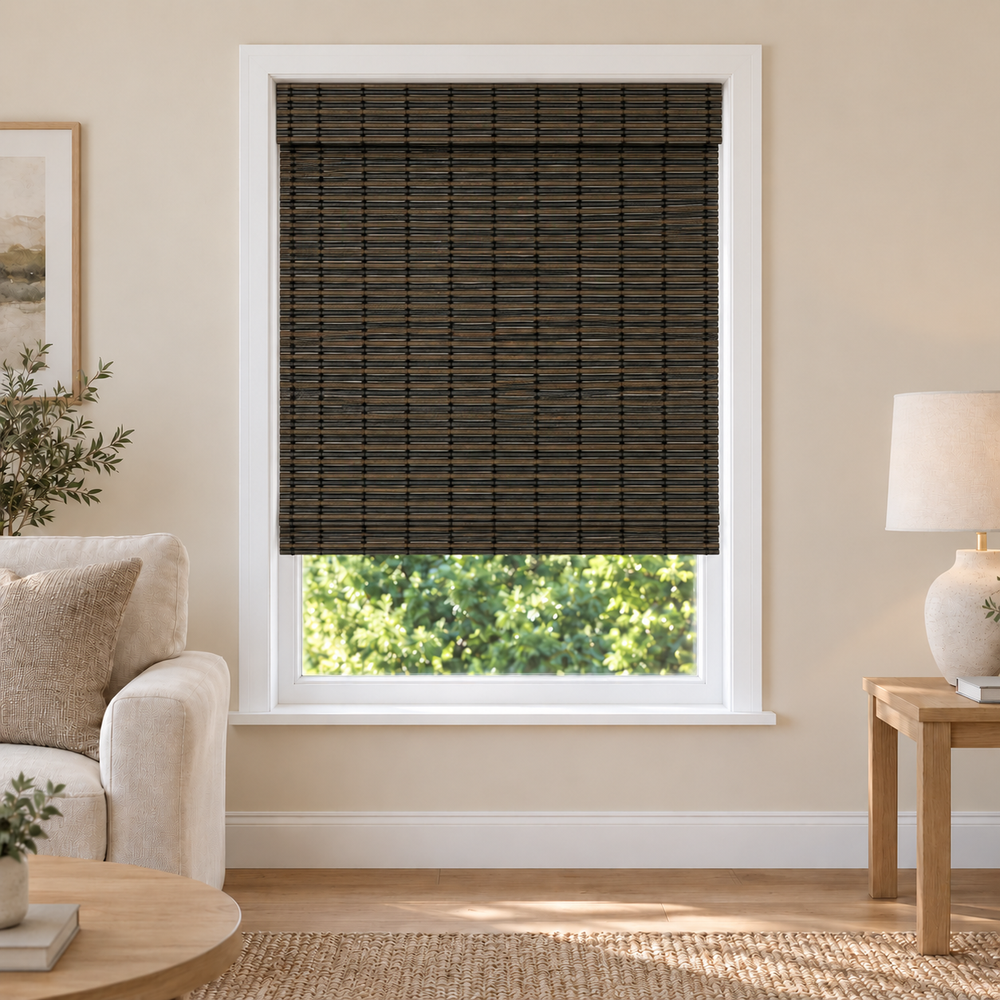 Orelle Edit DZH88 woven shade in a furnished American living room