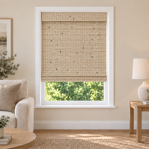 Orelle Edit M2002 woven shade in a furnished American living room