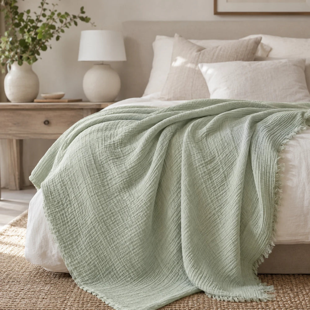 Soft Cozy and Breathable Muslin Throw for Bed - Light Green browser generated product photo