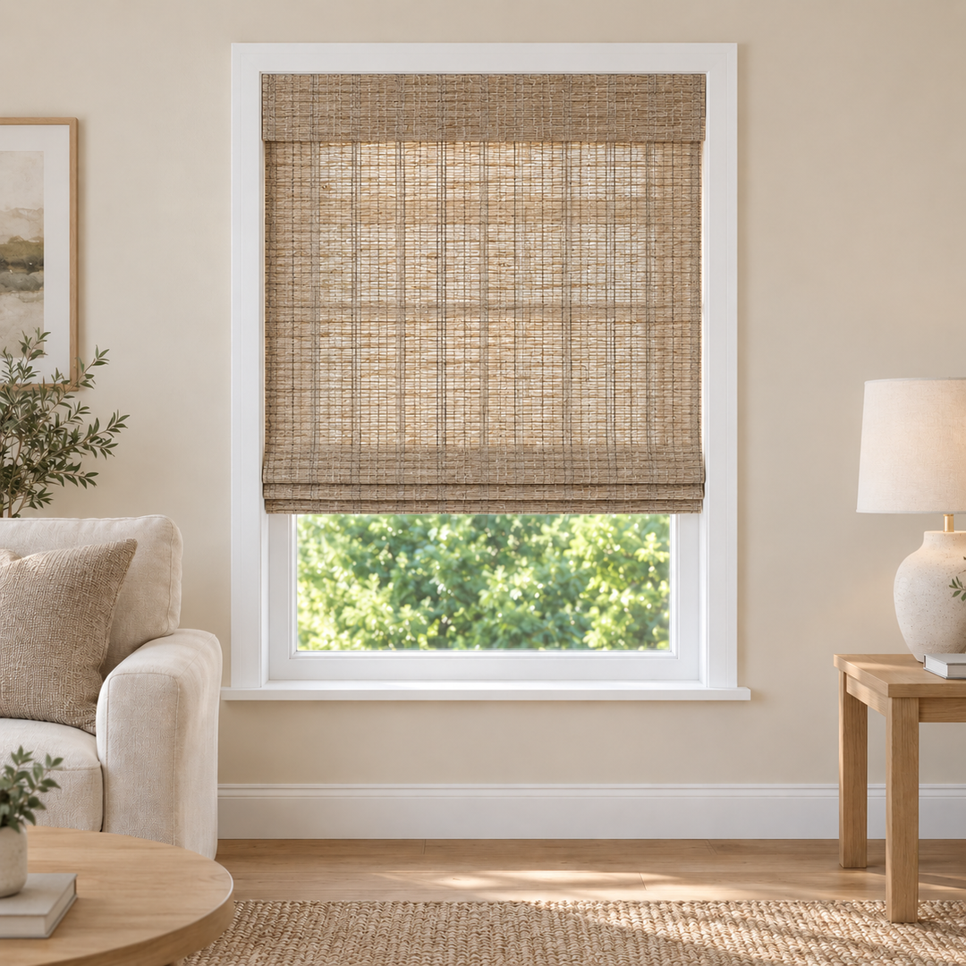Tessora Edit 0833N woven shade in a furnished American living room
