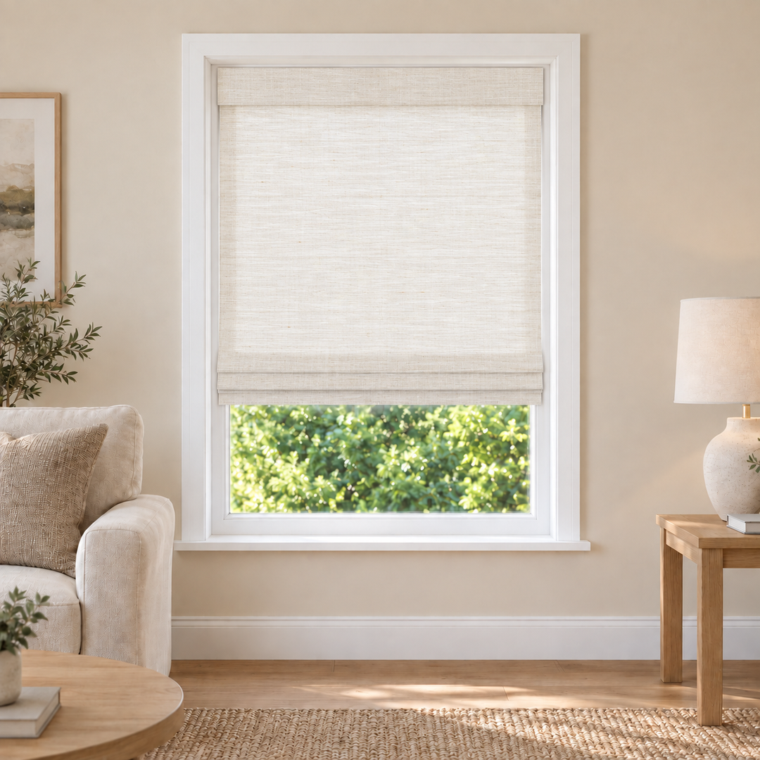 Tessora Edit 39002 woven shade in a furnished American living room