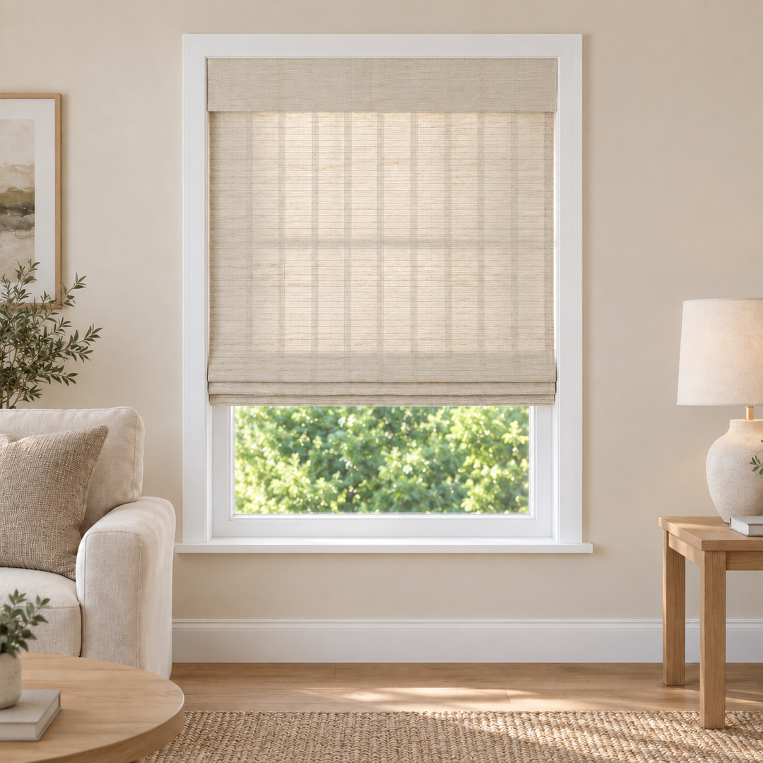 Tessora Edit D1302 woven shade in a furnished American living room