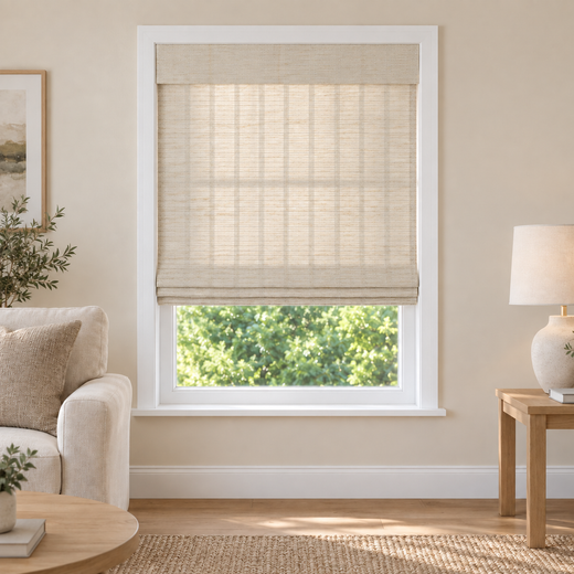 Tessora Edit D1302 woven shade in a furnished American living room