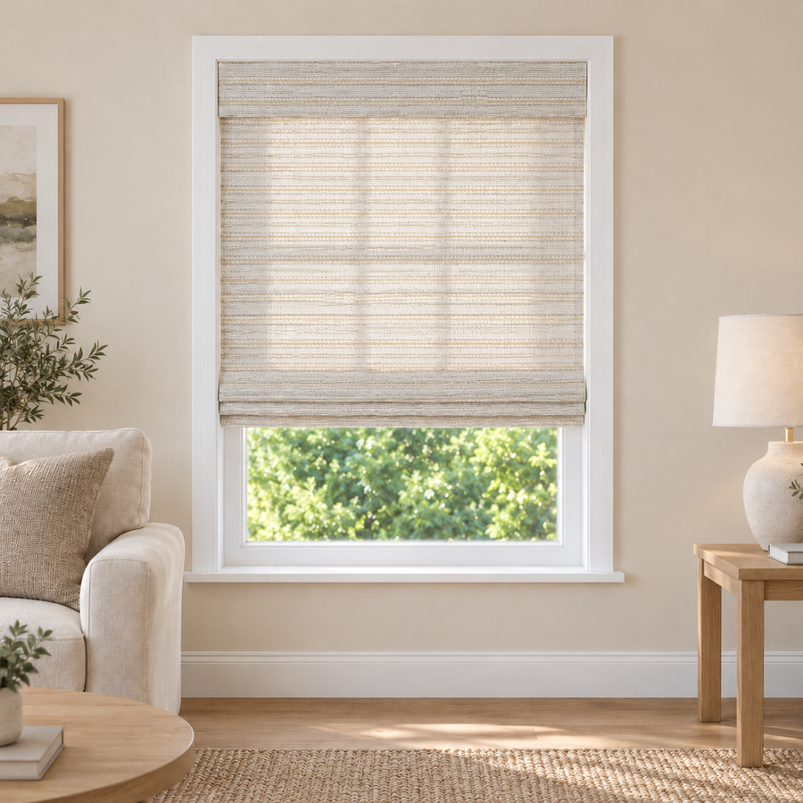 Tessora Edit DMC0201 woven shade in a furnished American living room