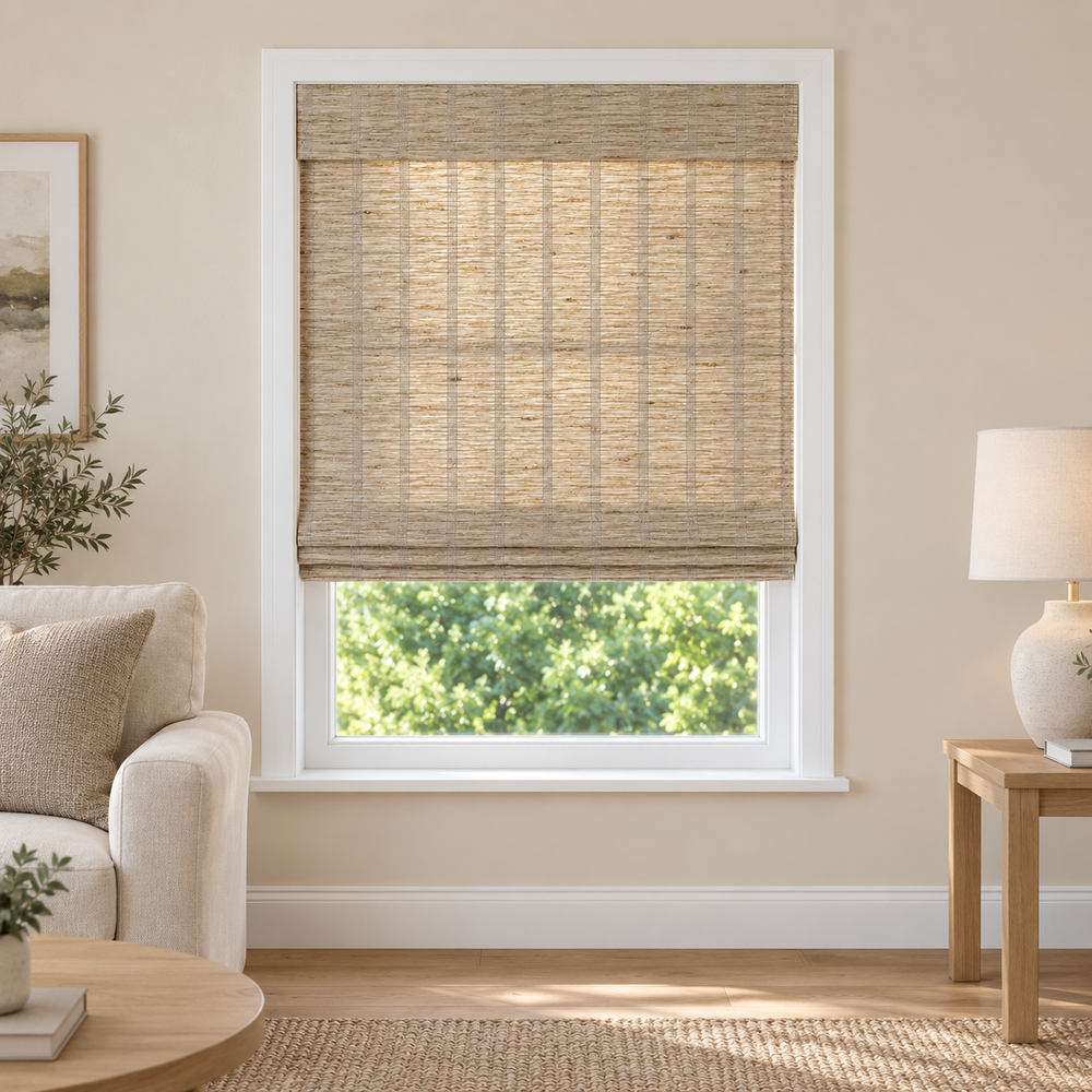 Tessora Edit E427 woven shade in a furnished American living room
