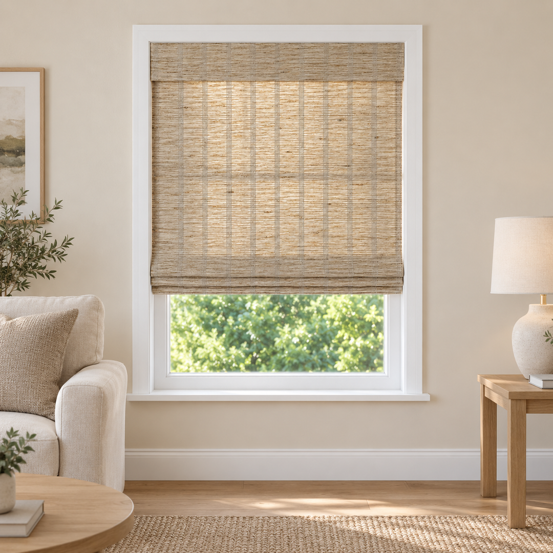 Tessora Edit E427 woven shade in a furnished American living room
