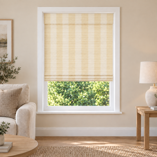Fredesigner Tessora Reed RS4081 woven shade in a furnished American living room
