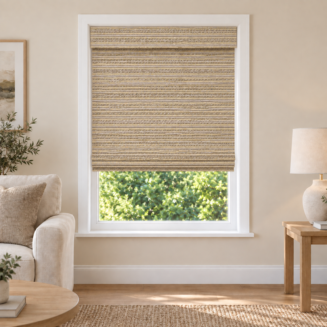 Velune Edit W071 woven shade in a furnished American living room