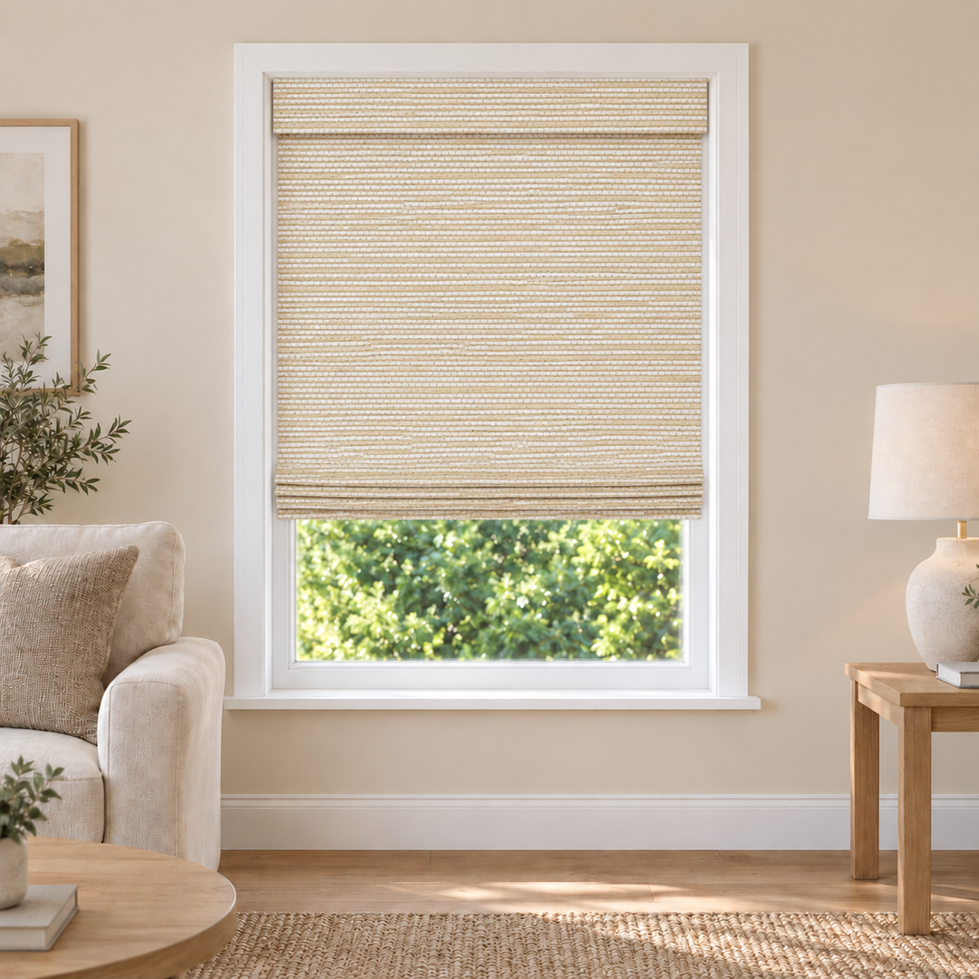 Velune Edit W077 woven shade in a furnished American living room