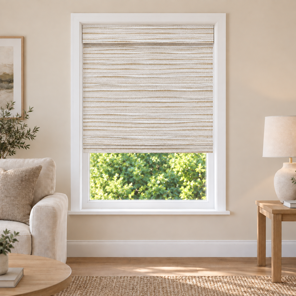 Velune Edit W079 woven shade in a furnished American living room