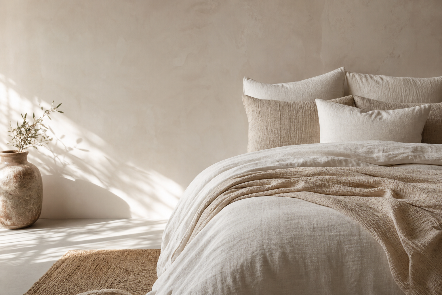 Natural cotton linen bedding in a calm neutral bedroom