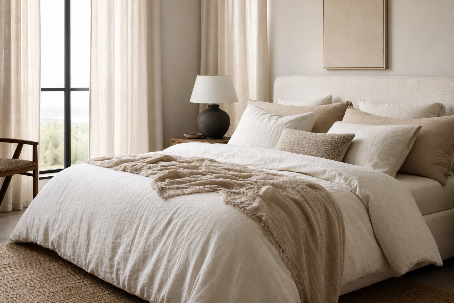 Natural bedding with soft linen curtains in a calm bedroom