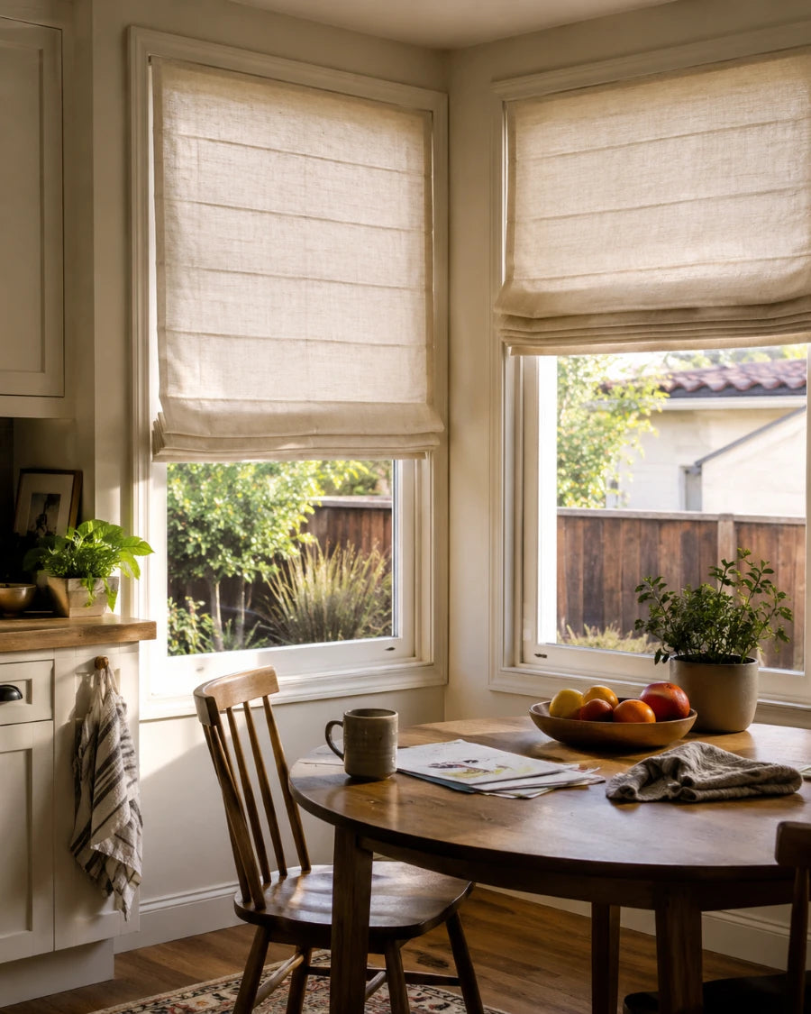 Light filtering Roman shade in a casual California kitchen nook
