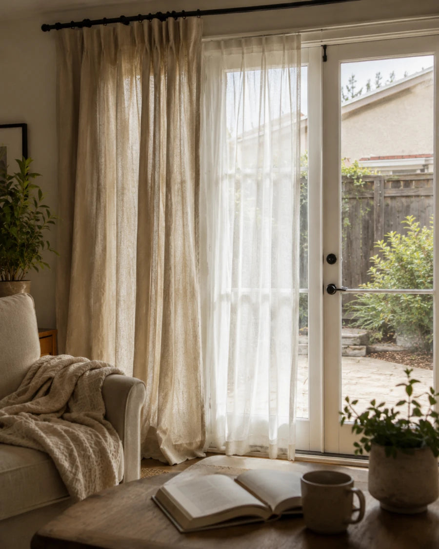 Layered sheer and linen drapery in a relaxed family room