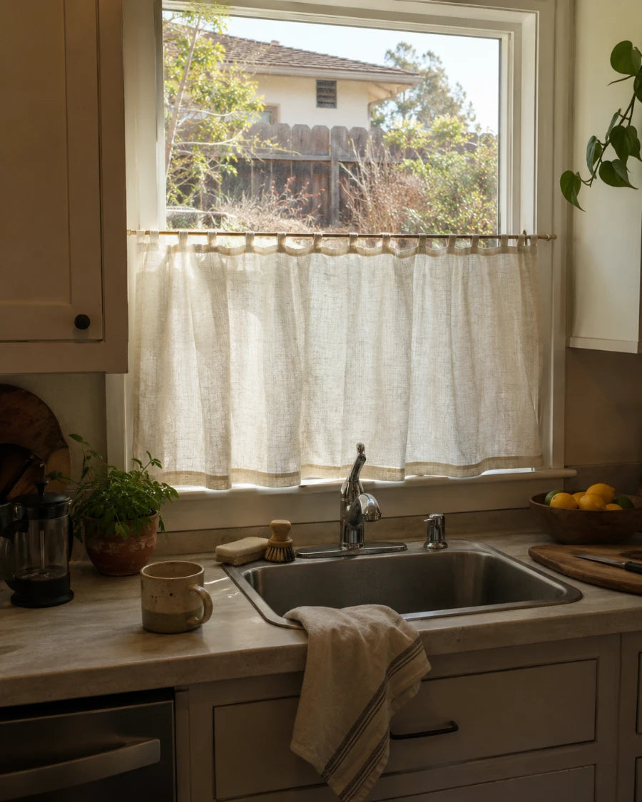 Linen cafe curtain at an everyday California kitchen window