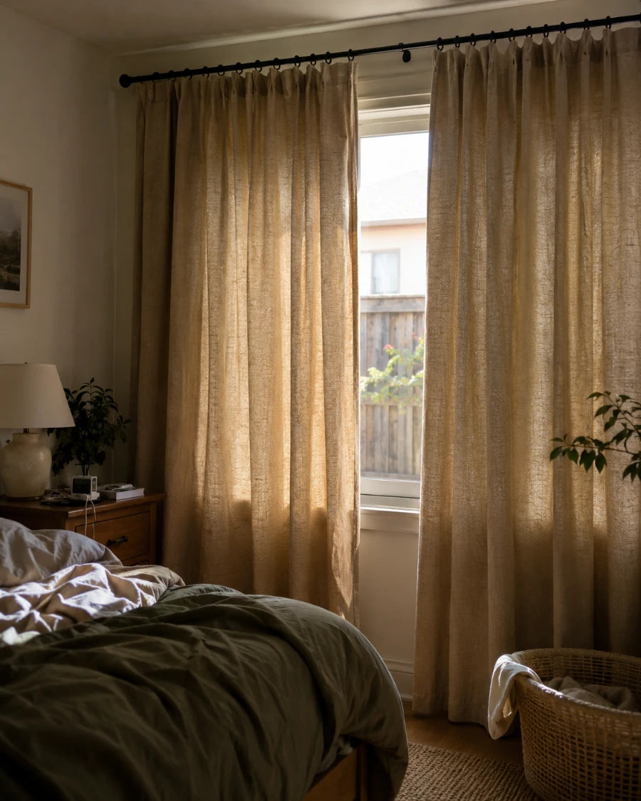 Warm blackout privacy curtains in a lived-in family bedroom