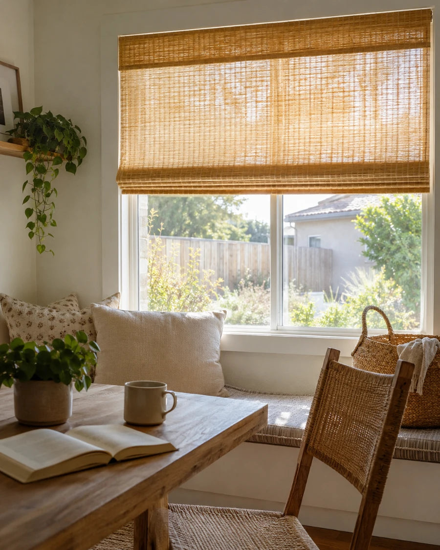 Natural woven bamboo shade in a cozy California breakfast nook