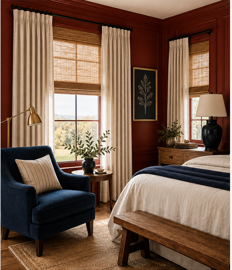 Fredesigner custom Roman shades and linen drapery in a summer bedroom