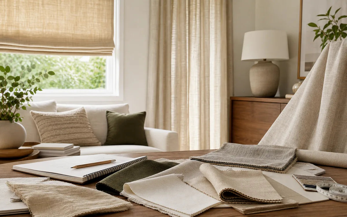 Fabric Samples and neutral custom window treatment planning materials for a Fredesigner design consultation