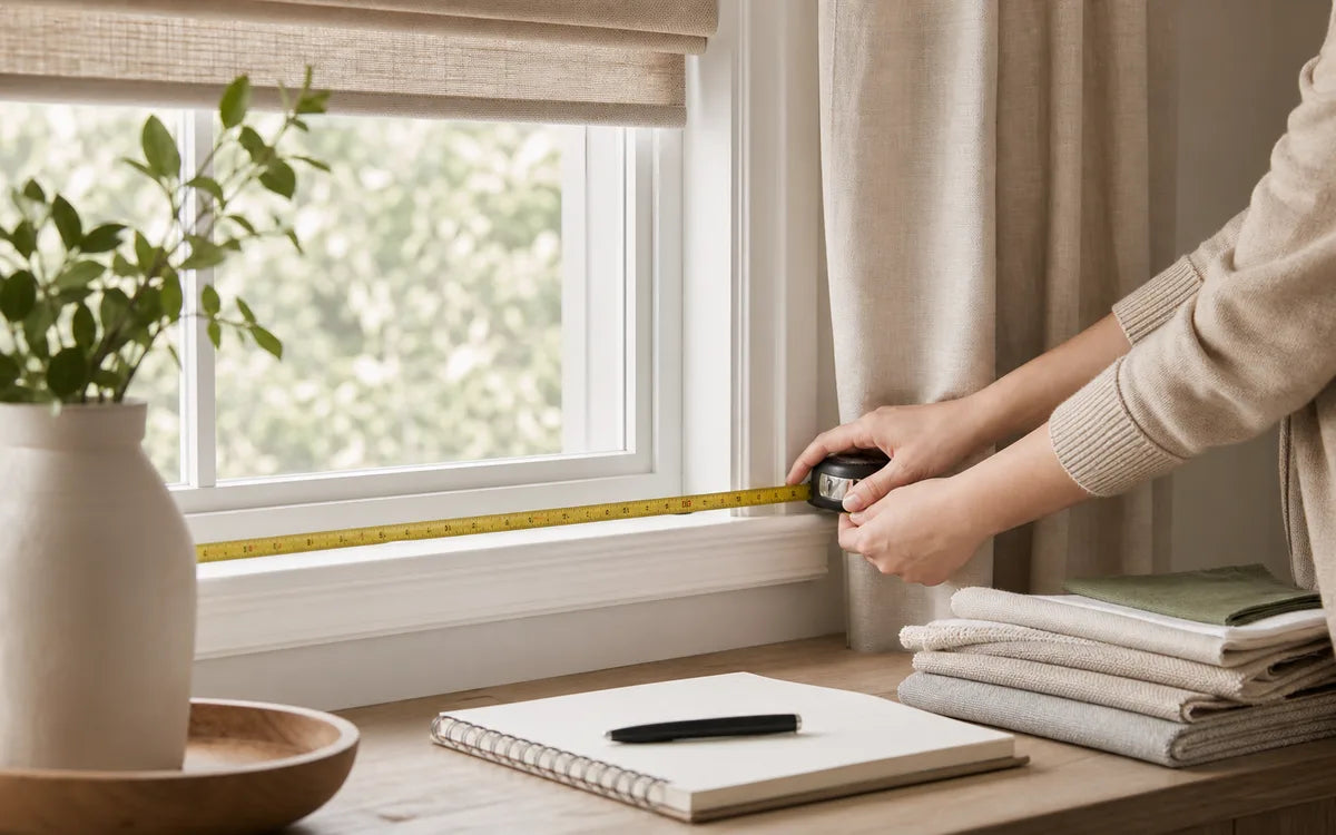 Tape measure across a window frame with fabric samples for a custom curtain measuring consultation
