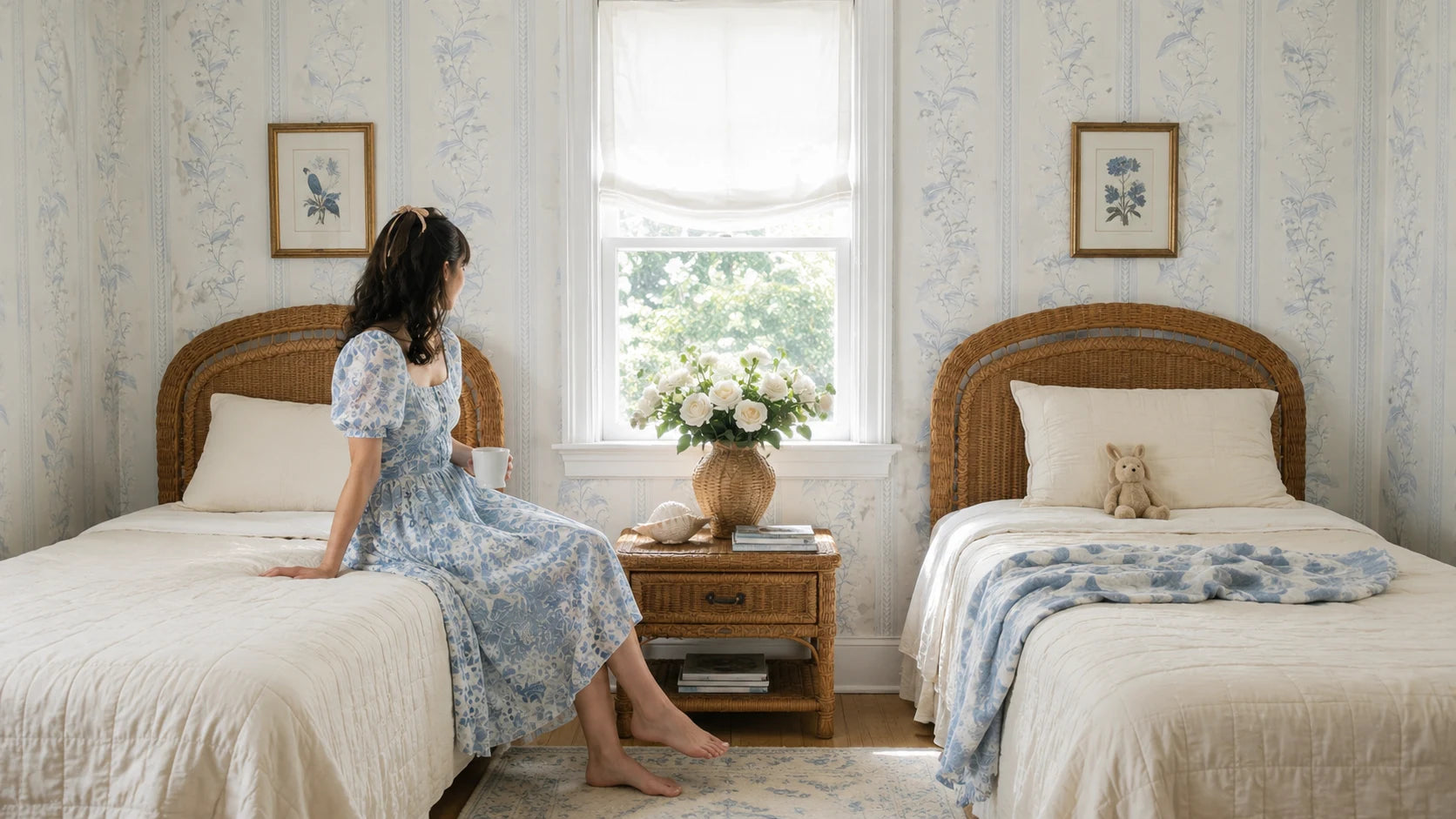 Layered Fredesigner bedding in a calm blue bedroom