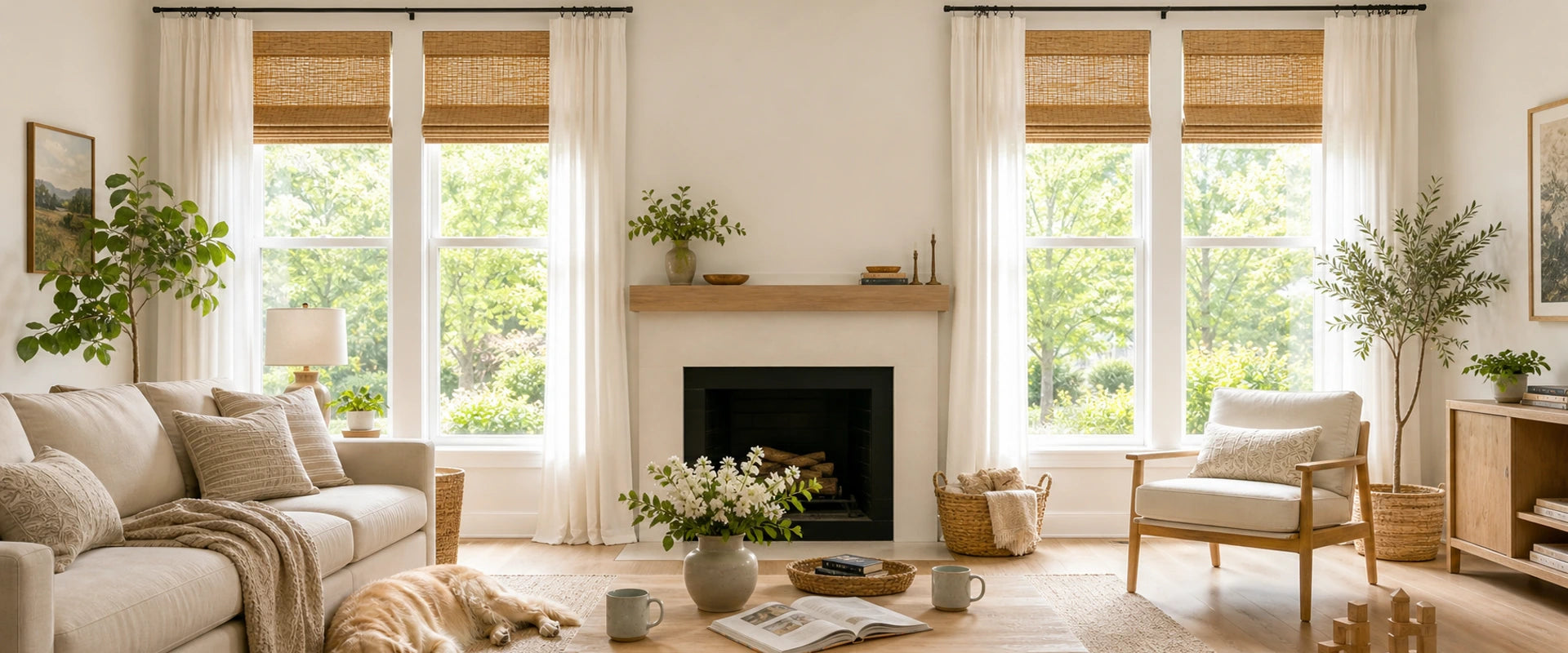Sunlit living room with woven bamboo shades, white curtains, warm natural decor, and a resting golden retriever