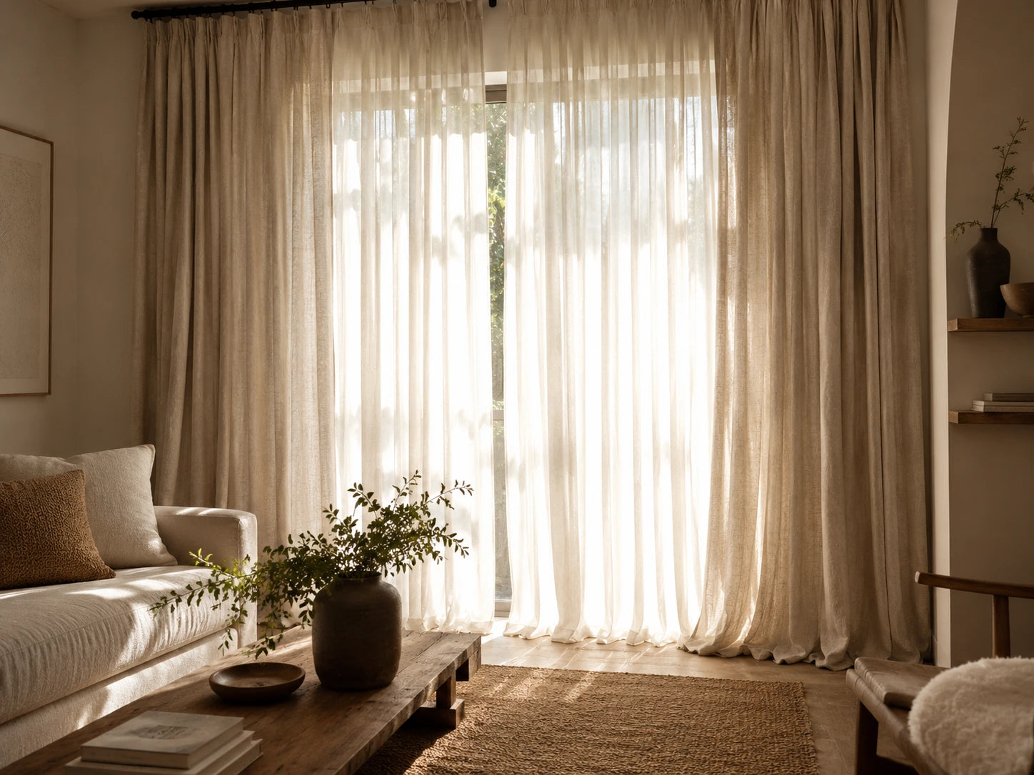 Linen curtain room with layered custom window treatments
