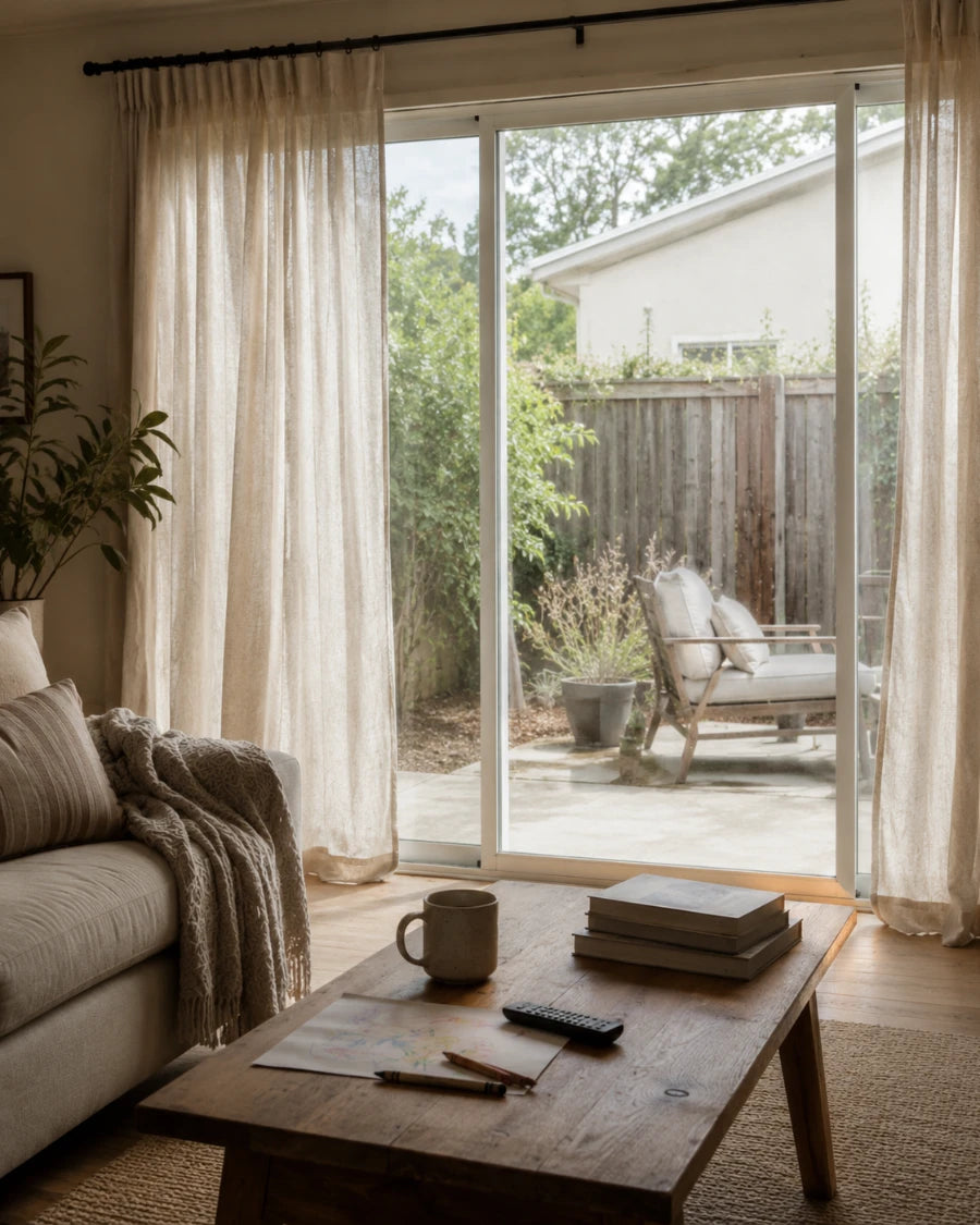 Custom linen curtains in a living room