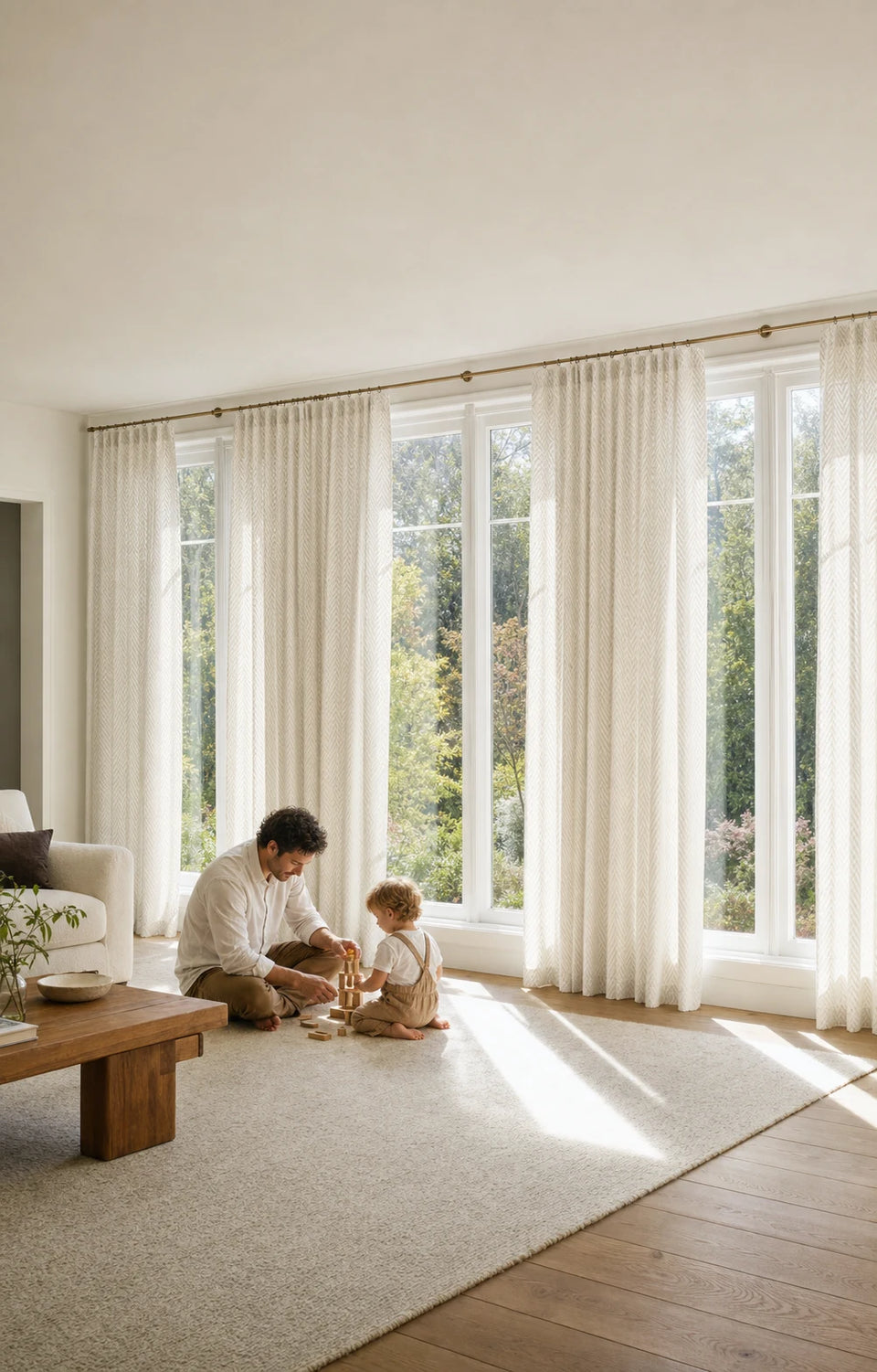 Soft room styling inspiration with warm neutral curtains