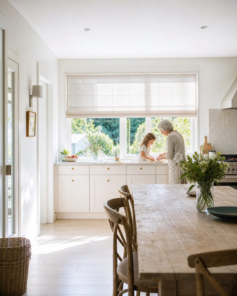 Light filtering Roman shade in a casual California kitchen nook