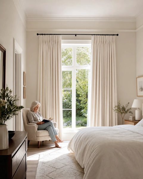 Warm blackout privacy curtains in a lived-in family bedroom