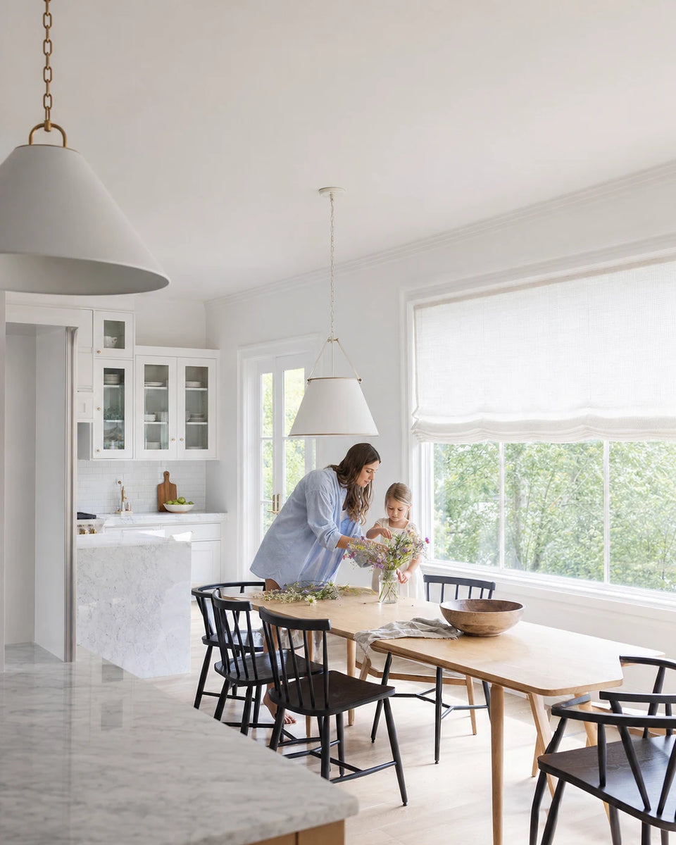 Custom Textured Sheer Roman Shade in a lived-in California kitchen dining room