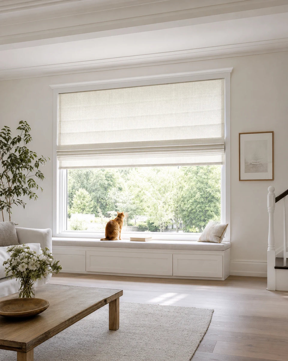 Custom Top Down Bottom Up Roman Shade in a casual California dining room