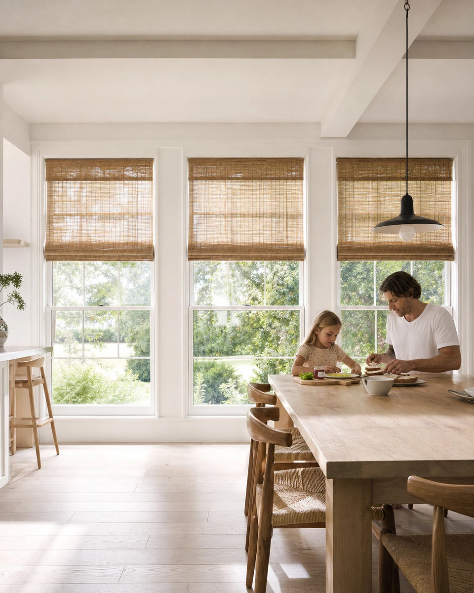 Bamboo Roman Shades with natural woven texture