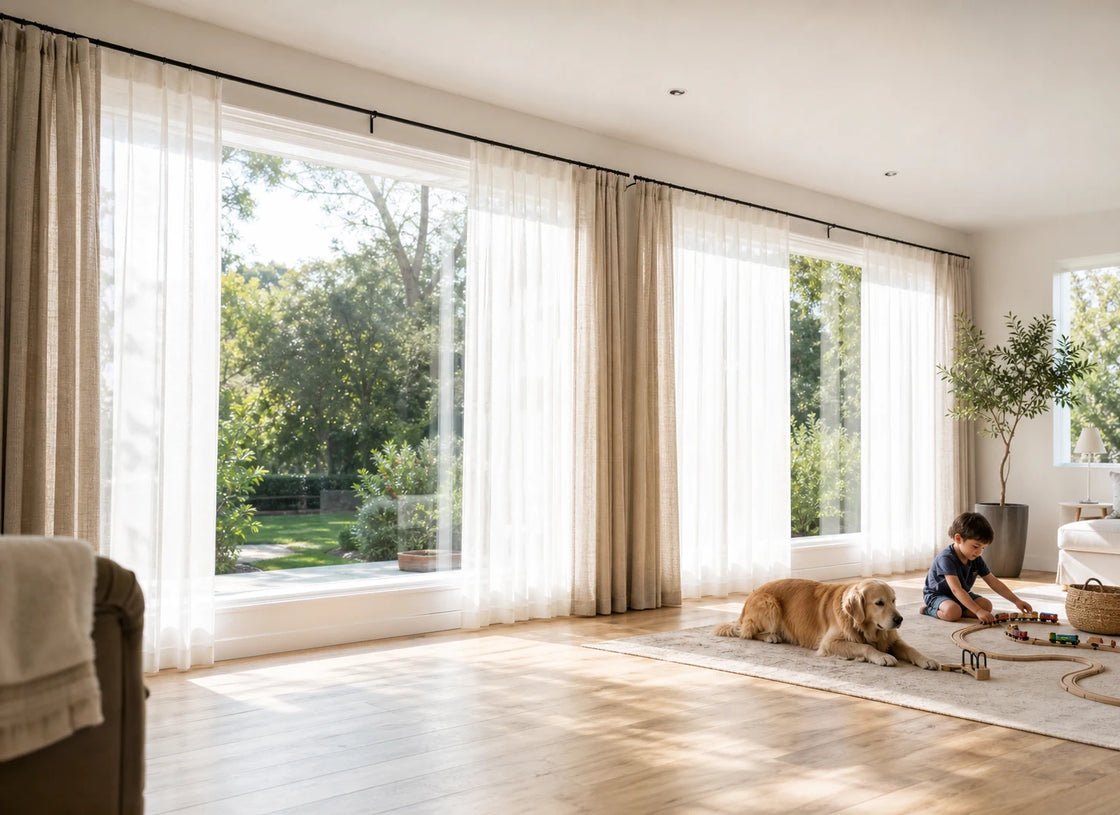 Soft sheer custom curtains in a lived-in California family room