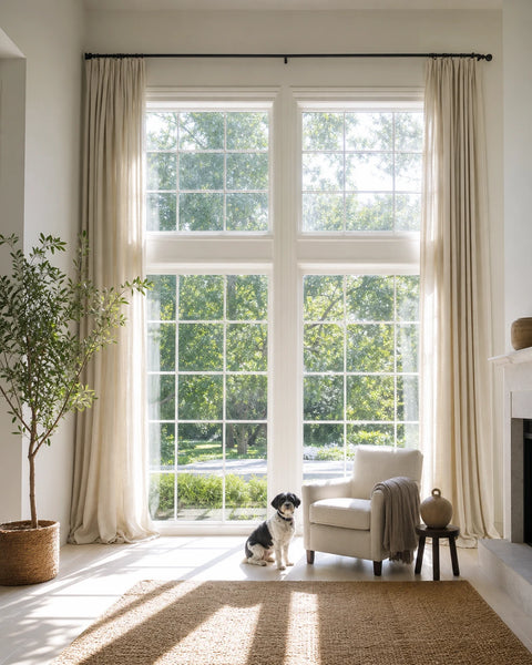 Custom linen drapery in a lived-in California living room