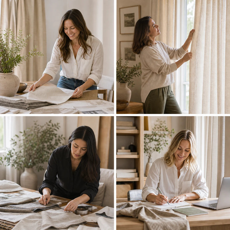 Interior designers reviewing curtain fabrics and measuring windows