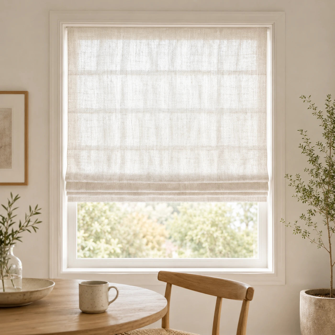Motorized Roman shades in a bright interior
