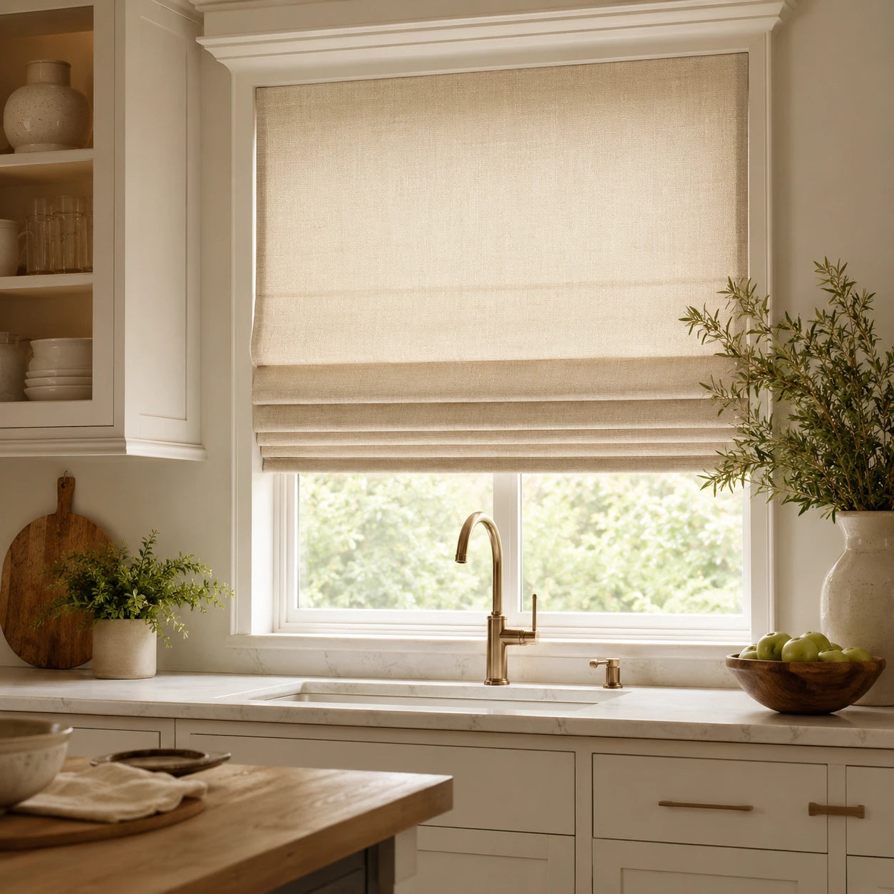 Motorized Roman shade detail for a smart home demo