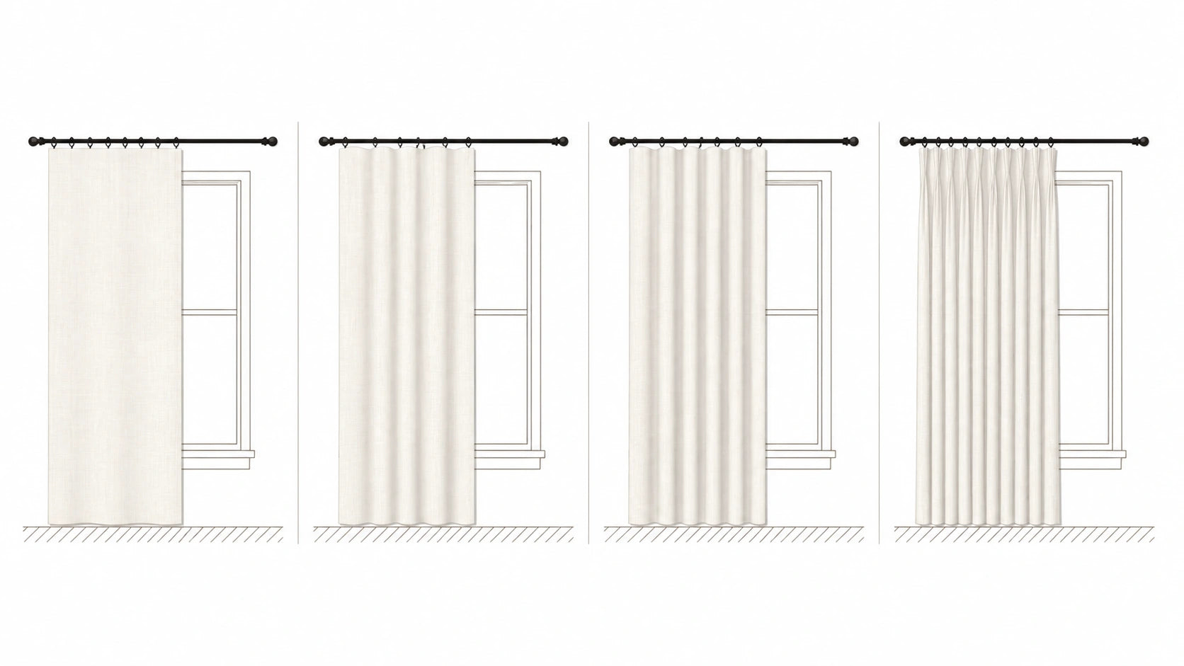 Four Fredesigner curtain panels shown from minimal coverage to closely gathered fullness