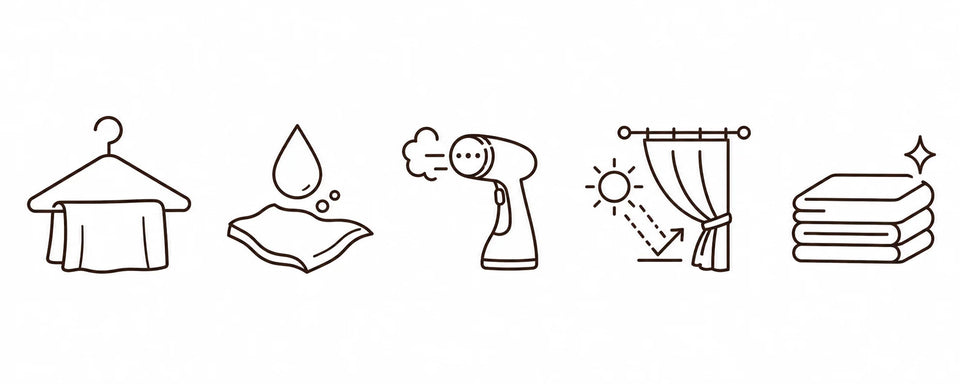 Fabric care icons for professional care, spot treatment, low heat, sun protection, and dry storage
