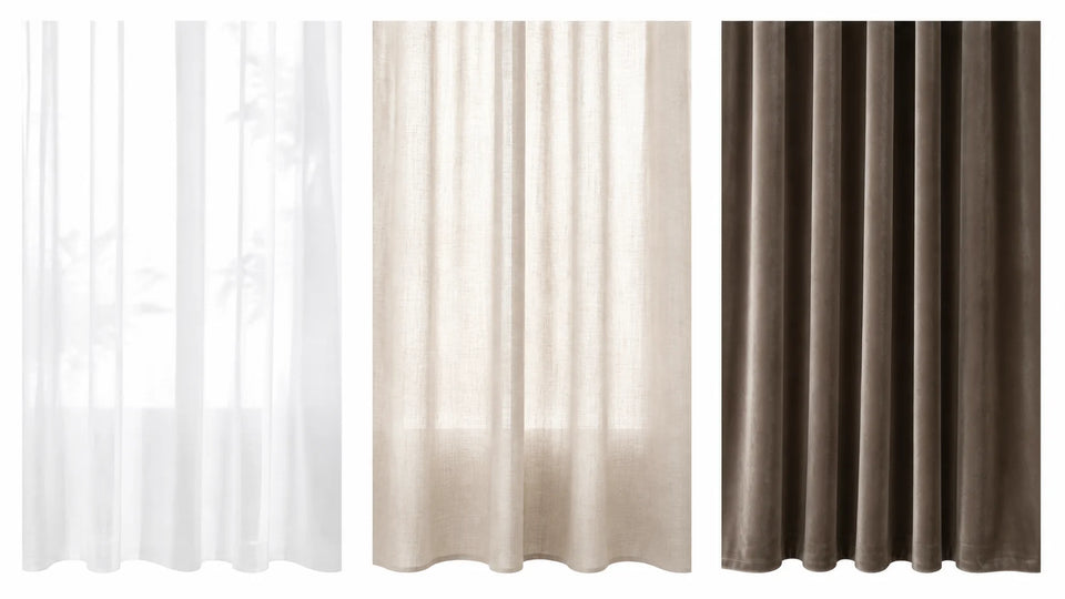 Three curtain panels comparing translucent, filtering, and dense fabric effects
